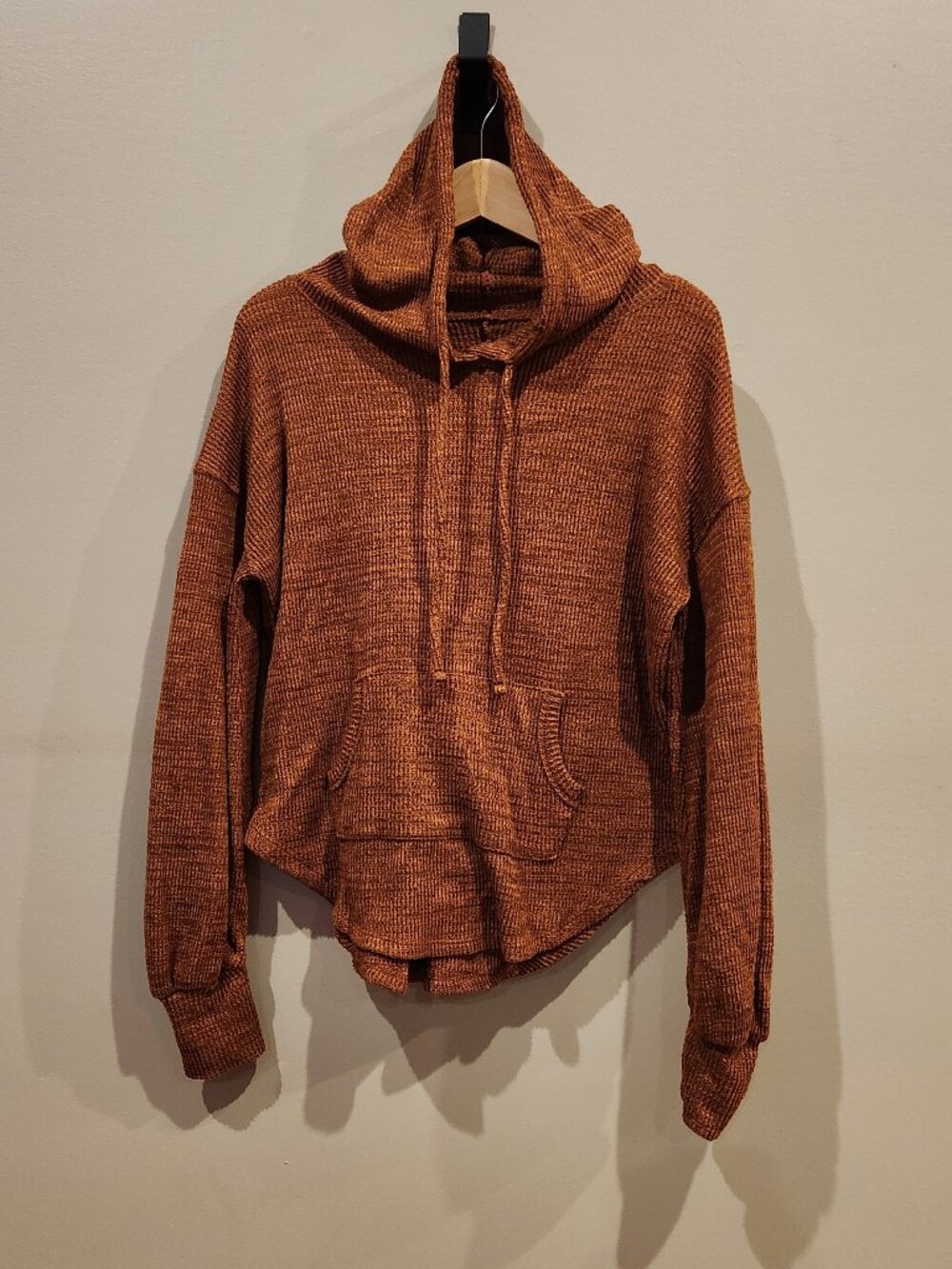 Waffle Knit Hoodie Medium Rust Orange Cozy Pullover Sweatshirt Kangaroo Pocket